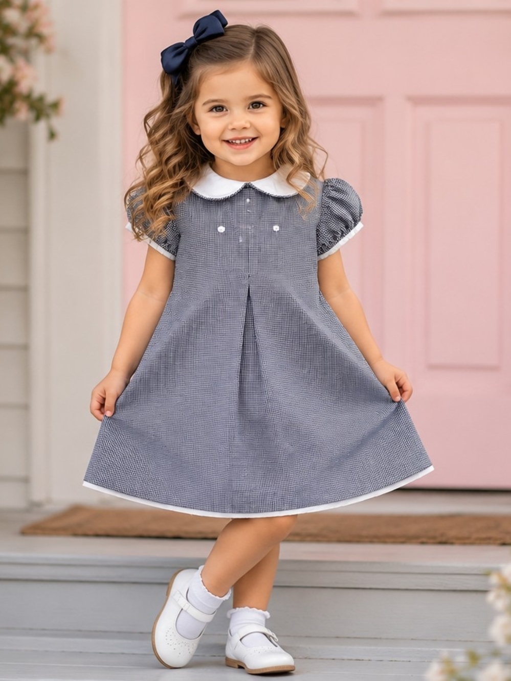 Edgehill Collection Girls Navy Gingham Peter Pan Collar Dress Size 6 #2081